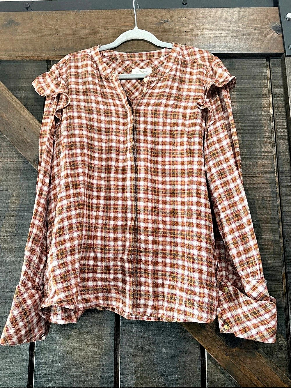 Treasure & Bond Plaid Button Down Top in Brown & Orange
